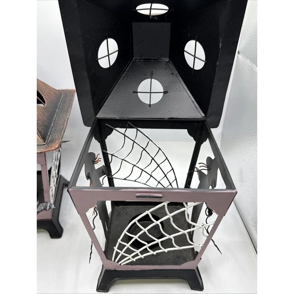 2- Halloween Lantern Tealight Candle Holder Scarecrow & Bats Hollow‎ Metal Cage